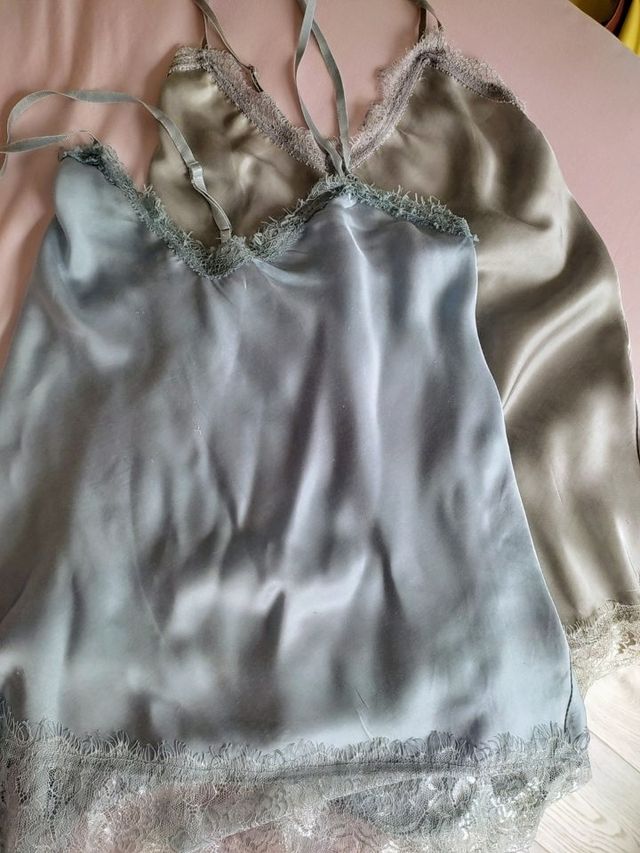 Camisas seda azul/plateado con tirantes ajustables