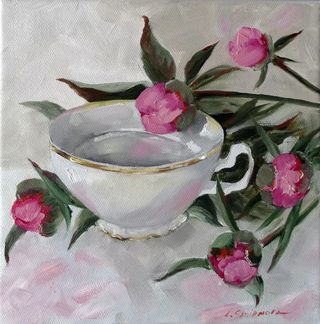 Dipinto olio su tela - Peonie e tazza