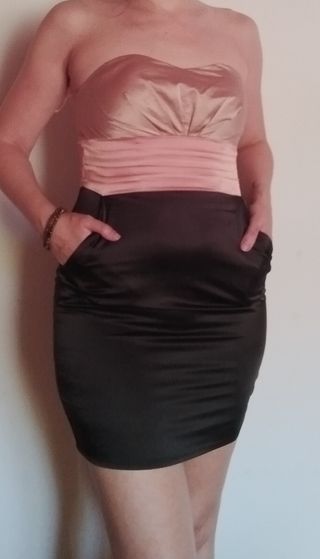 Vestido Fiesta Negro, Beige y Rosa