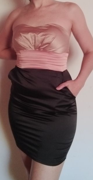Vestido Fiesta Negro, Beige y Rosa
