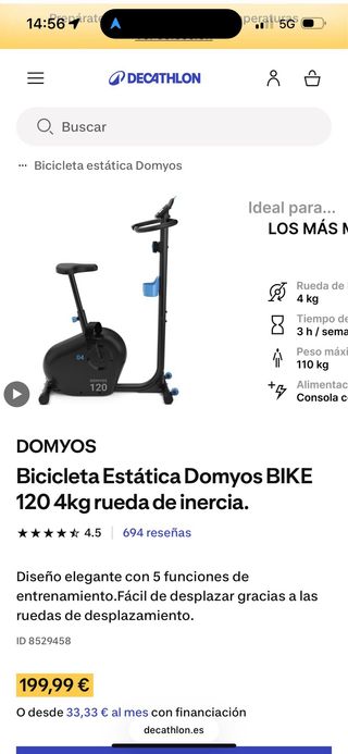Bicicleta estática Decathlon Domyos 120