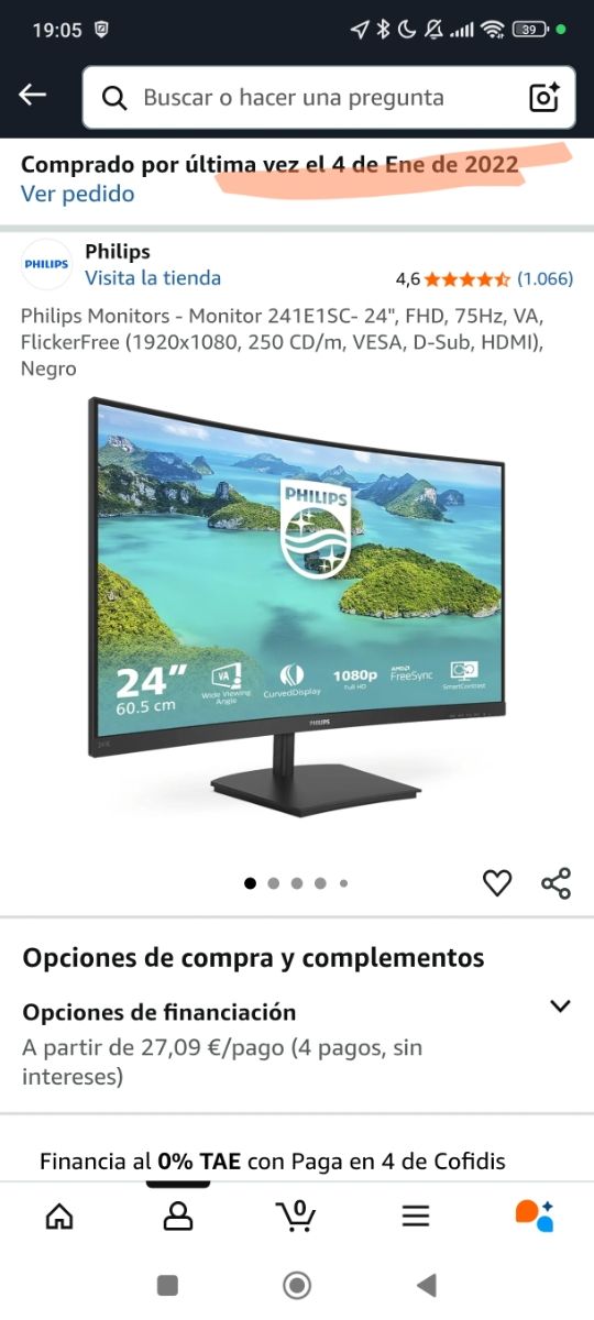 Monitor Philips 241E1SC 24" Curvo