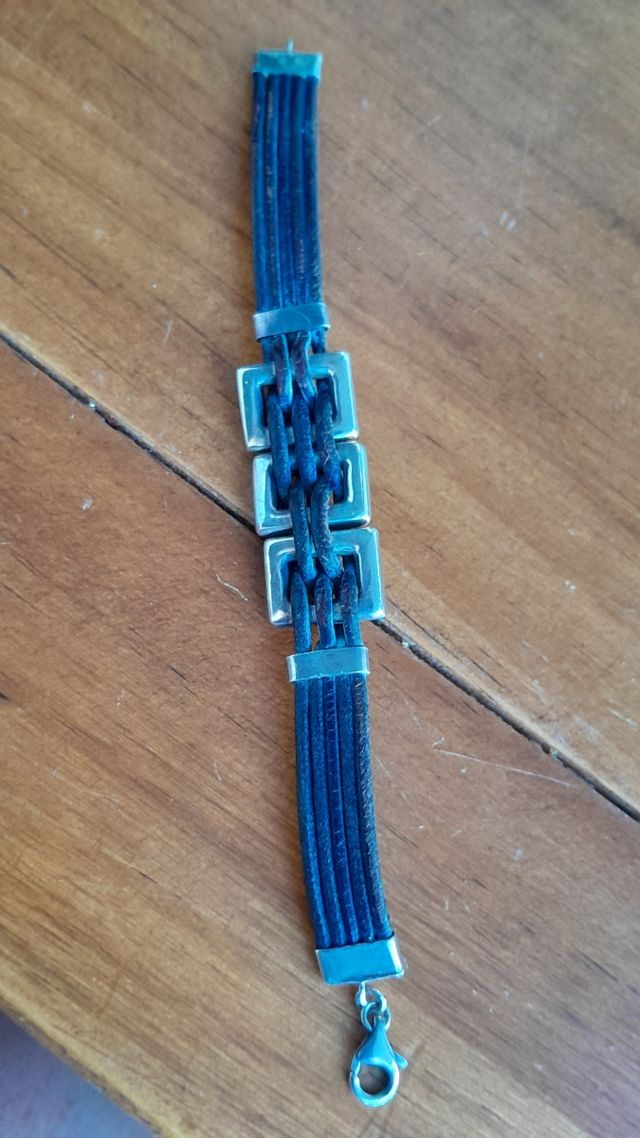 Pulsera plata cuero vintage