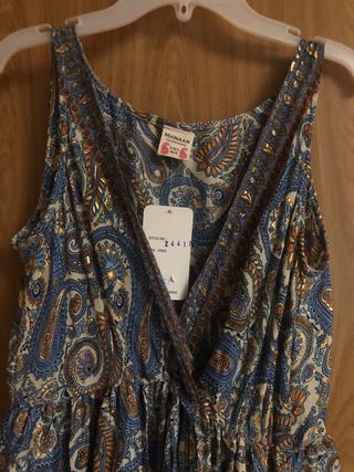 Vestido largo paisley azul y dorado