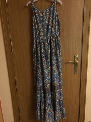 Vestido largo paisley azul y dorado