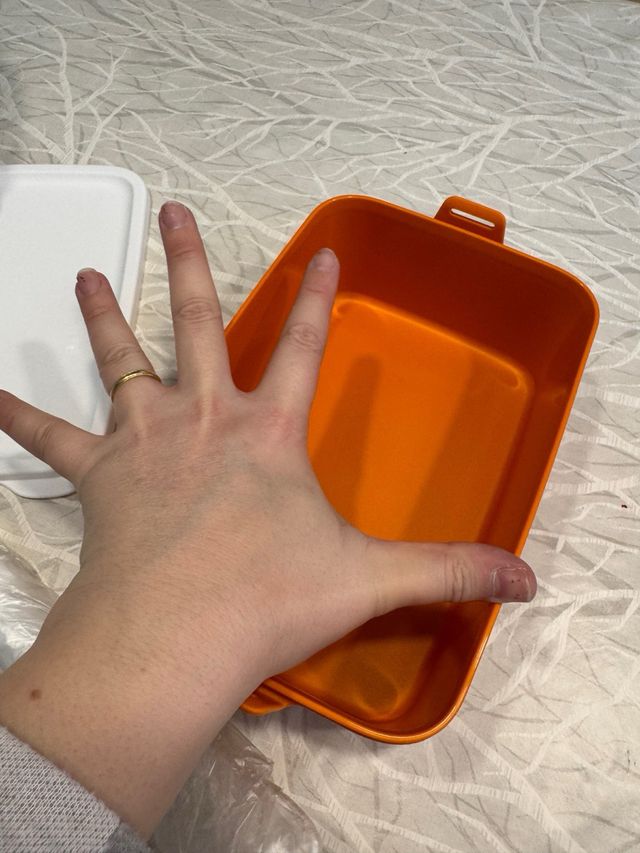Lonchera de Tupperware naranja y blanca