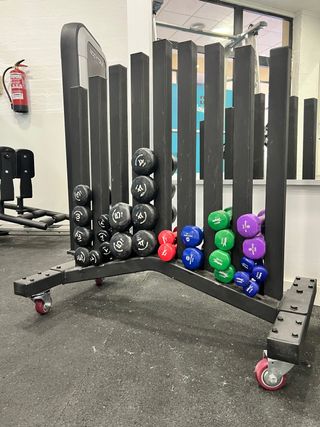 Soporte mancuernas gimnasio y lote de mancuernas