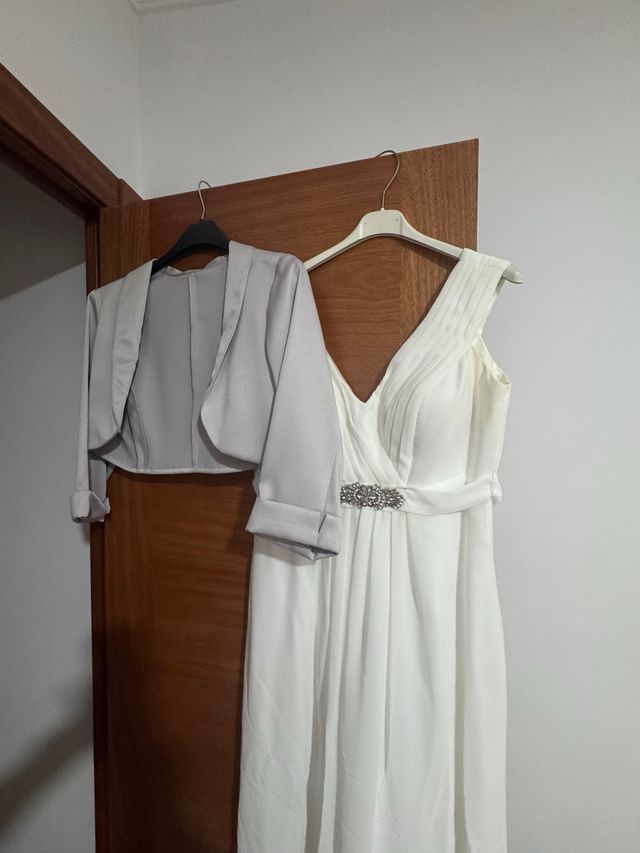 Vestido ceremonia blanco+bolero gris