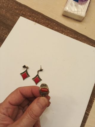 Anillo ajustable y pendientes coral rojo vintage 