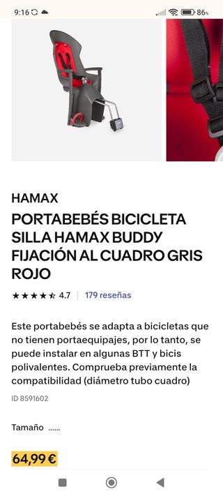 Silla portabebés bici Hamax
