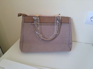 Bolso mano beige y rosa