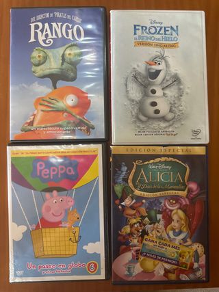 4 DVDs infantiles:Rango,Frozen,
Peppa Pig, Alicia