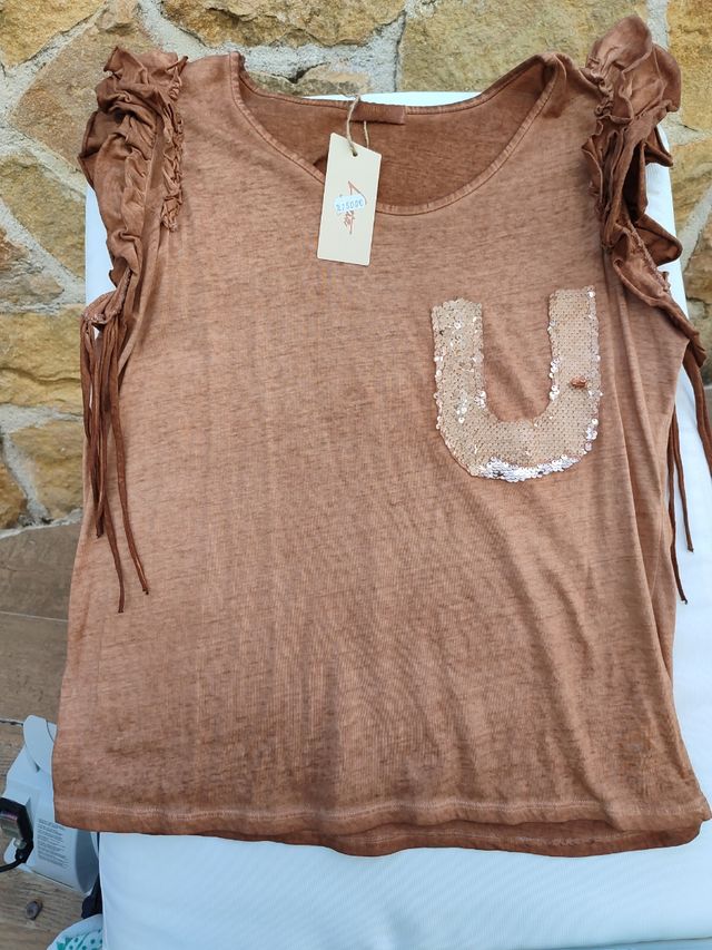 Camiseta marrón con lentejuelas - Talla única