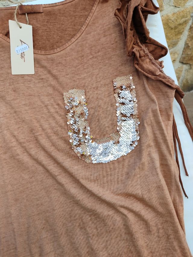 Camiseta marrón con lentejuelas - Talla única