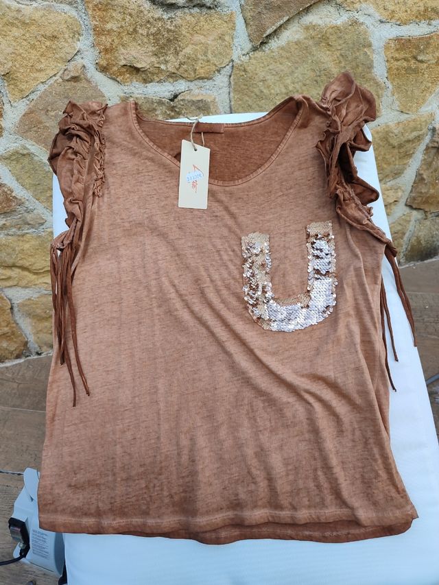 Camiseta marrón con lentejuelas - Talla única