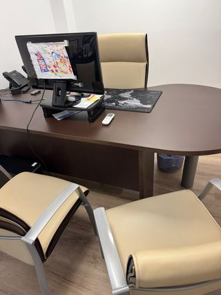 Mesa escritorio marrón + 2 sillas + sillón + cajon