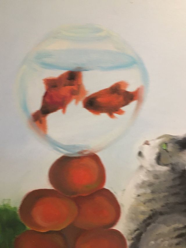 Dipinto gatto e pesci rossi