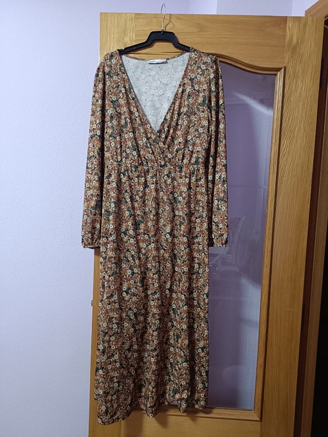Vestido midi flores marrón-verde