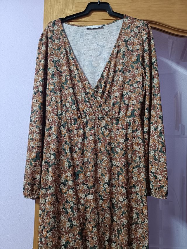 Vestido midi flores marrón-verde