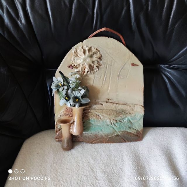 Colgante cerámico artesanal beige y verde agua