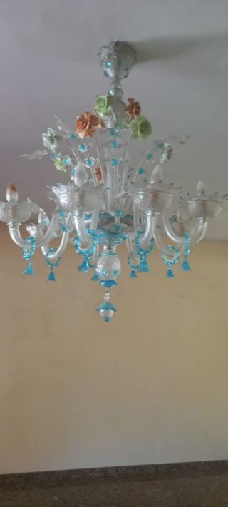 Lampadario Murano vetro bianco-turchese