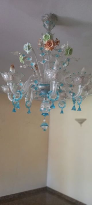 Lampadario Murano vetro bianco-turchese