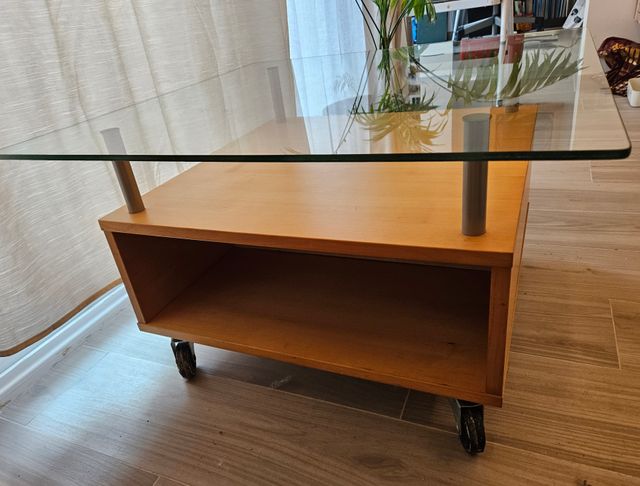 Mesa centro cristal madera