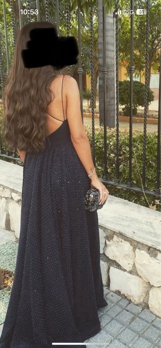 Vestido maxi azul marino pedrería