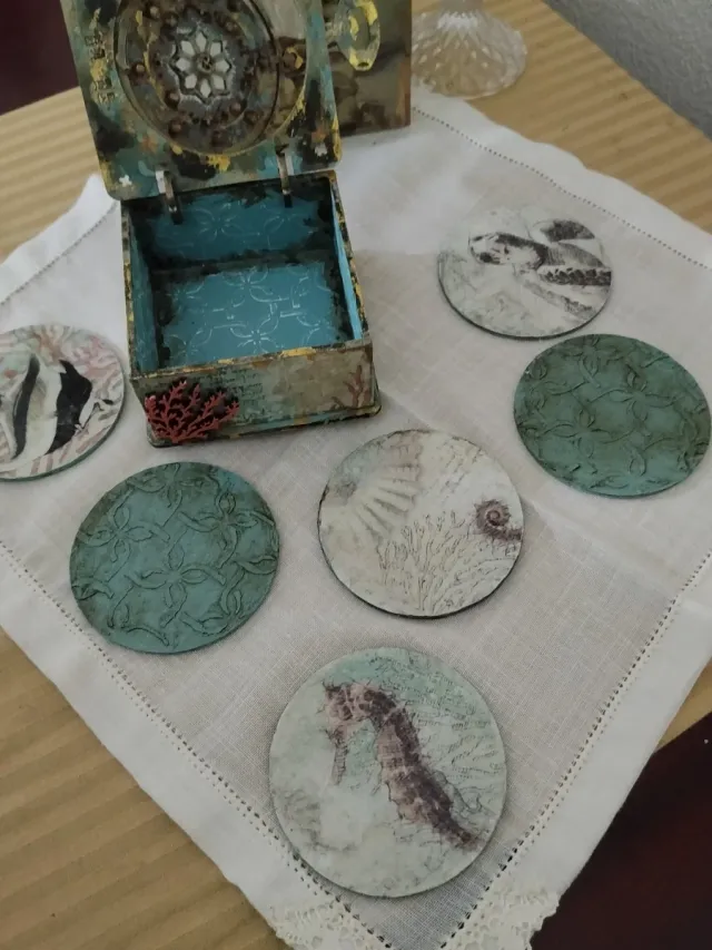 Caja cofre vintage marinera y 6 posavasos