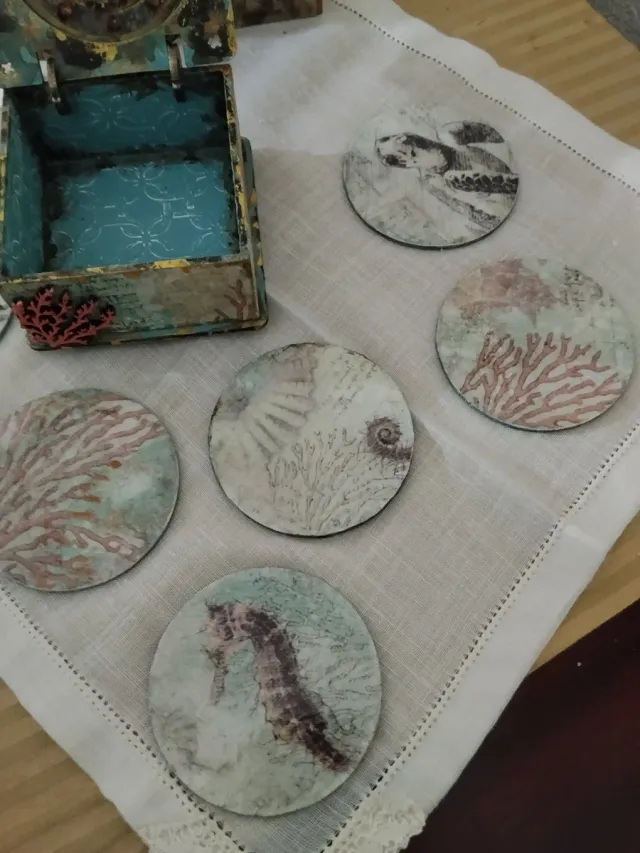 Caja cofre vintage marinera y 6 posavasos