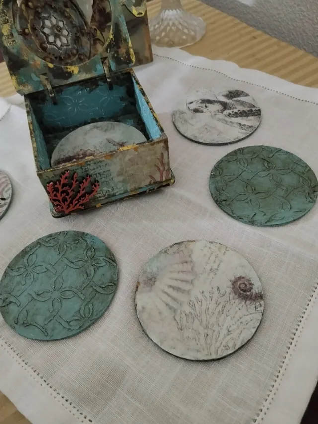 Caja cofre vintage marinera y 6 posavasos