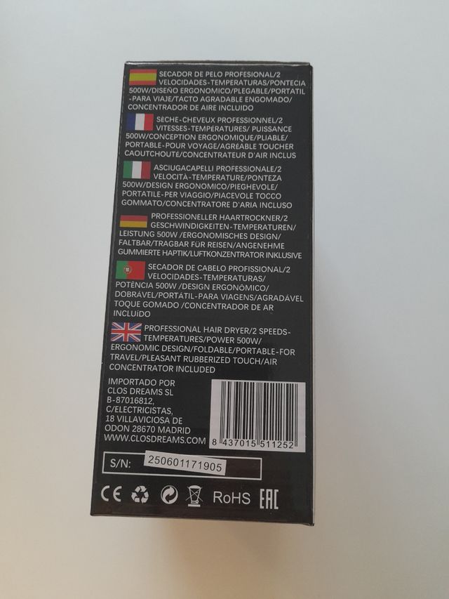 Secador Pelo Plegable de viaje EURO LIFE.