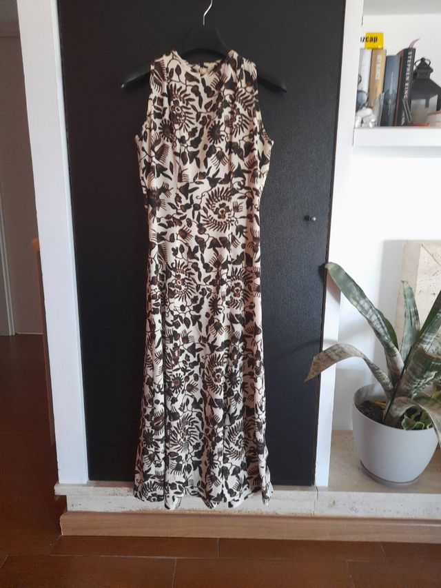 Vestido midi seda marrón blanco