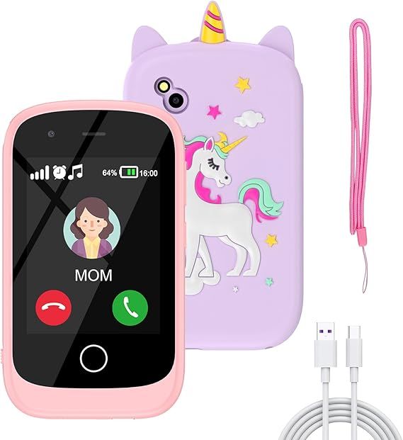 Teléfono infantil rosa con funda unicornio
