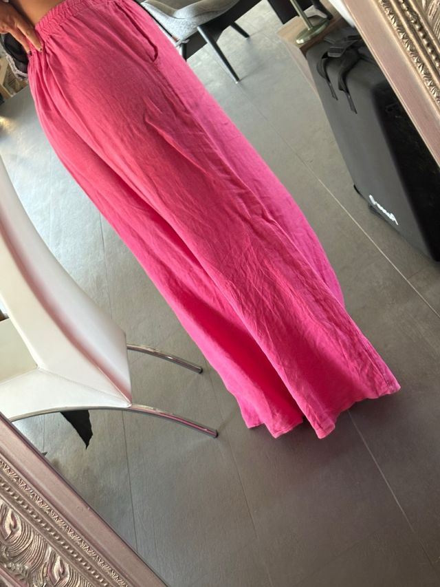Pantalones palazzo de 100% lino fucsia.