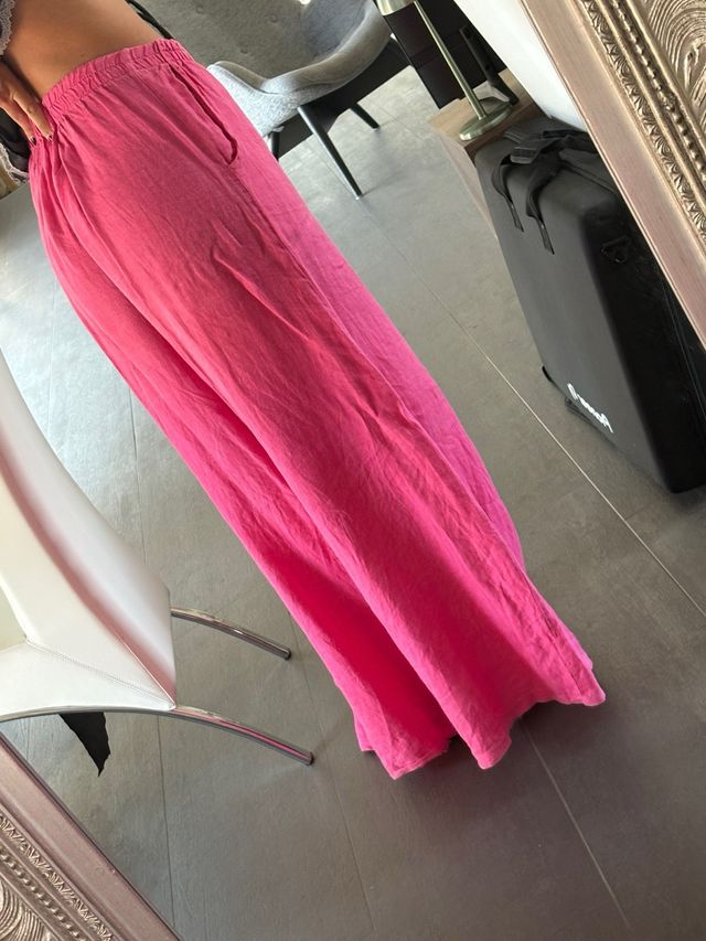 Pantalones palazzo de 100% lino fucsia.