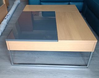 Mesa centro elevable cristal roble macizo.