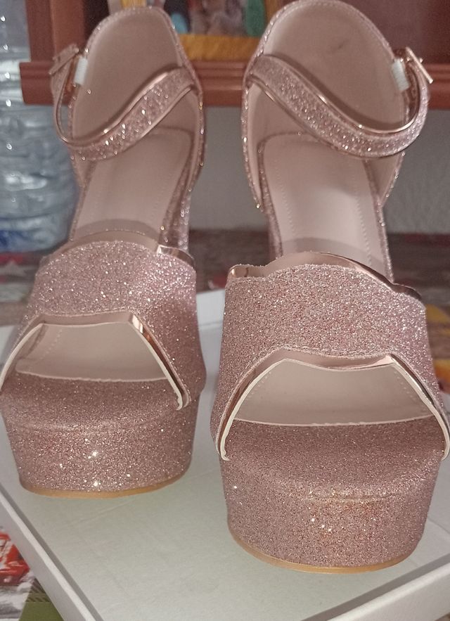 Zapatos tacón grueso glitter rosa