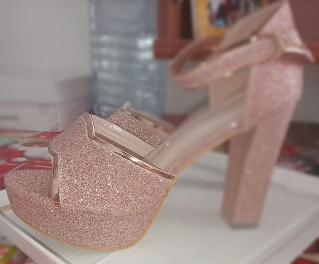 Zapatos tacón grueso glitter rosa