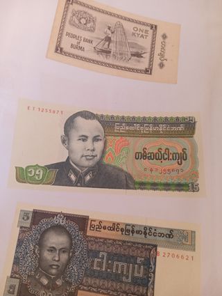 Banconote Birmania: 1, 5, 15 Kyat