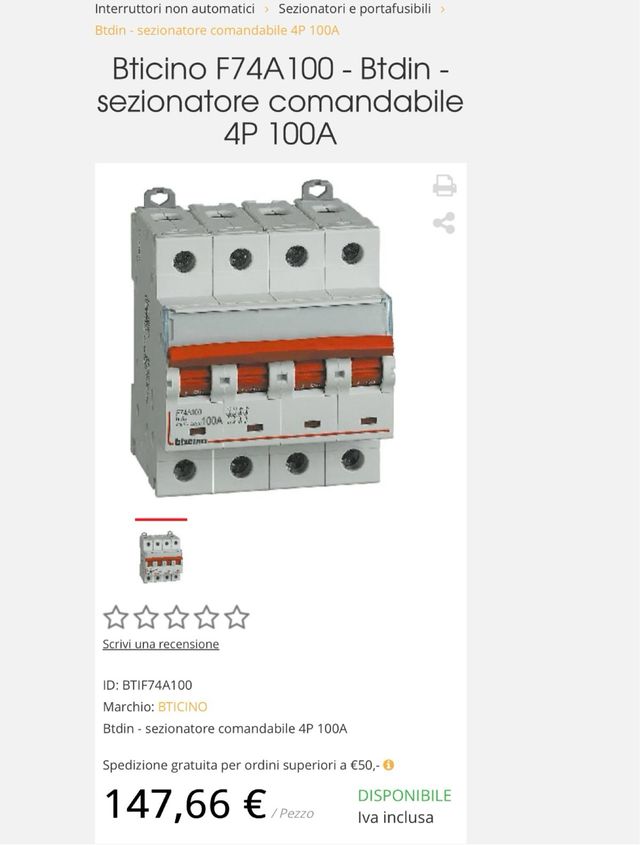 Interruttore magnetotermico Bticino F74A100 100A n