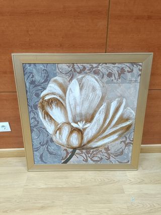 Cuadro floral beige y dorado, 90x90
