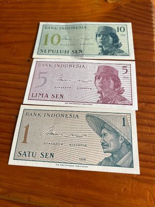 3 billetes Indonesia (1, 5, 10 sen) 1964