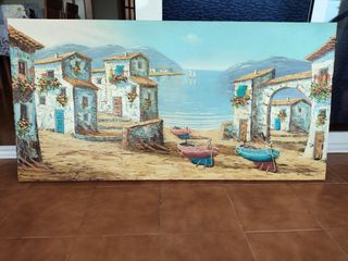 Cuadro óleo pueblo costero