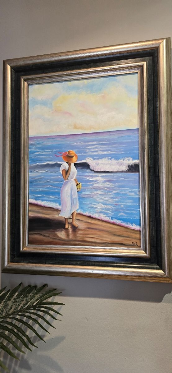 Cuadro al óleo: Mujer en la playa