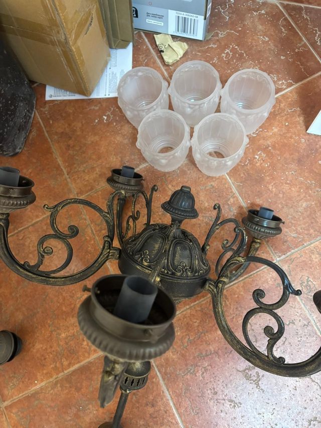 6 tulipas cristal + lámpara bronce