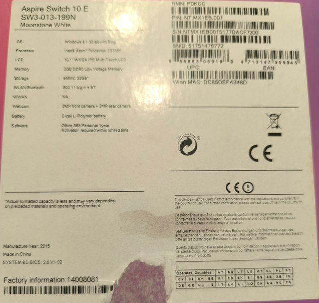 Aspire Switch 10 E - Portátil Blanco