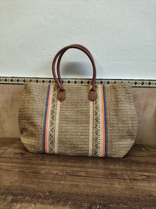 Bolso rafia grande beige y marrón