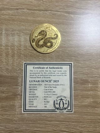 Moneda Oro Ruanda 2025 Serpiente 1oz