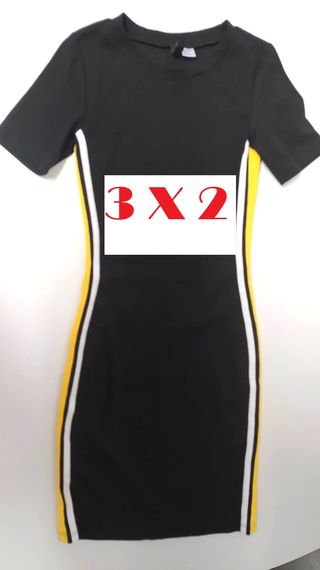 Vestido negro c/rayas amarillas y blancas